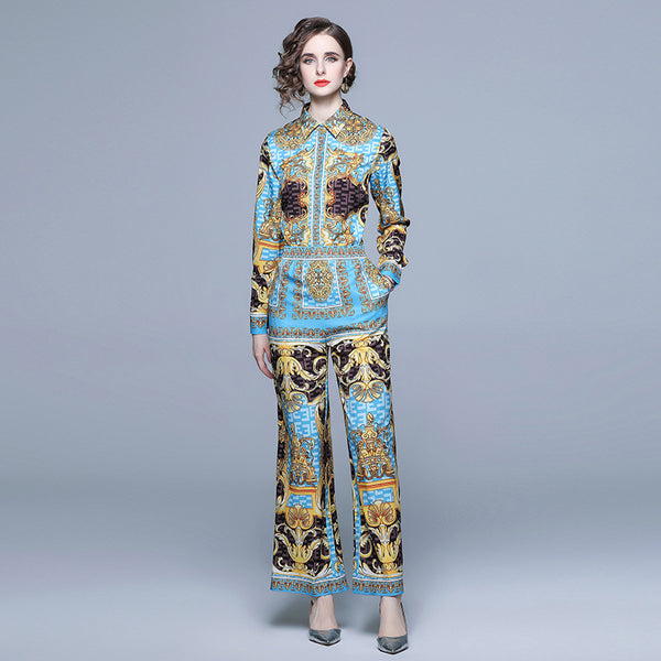 French Retro Palace Print Long-Sleeved Shirt Wide-Leg Pants Suit Women's Two-Piece Autumn Clothes New