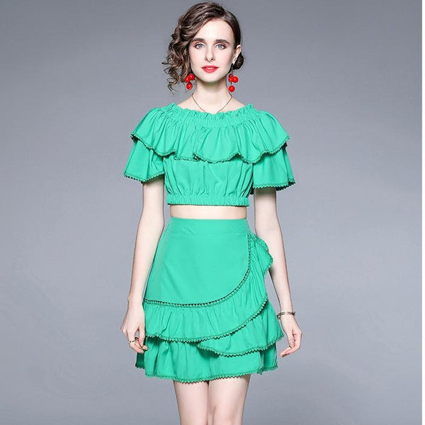 One Line Shoulder Wipe Chest Top and A Line Half Skirt Net Red Two-Piece Set