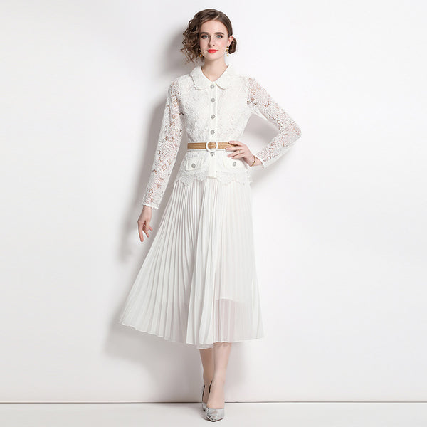 Water-Soluble Pleat Splicing Chiffon High-Waisted Lapel Long-Sleeved Fake Two-Piece Long Skirt Dress