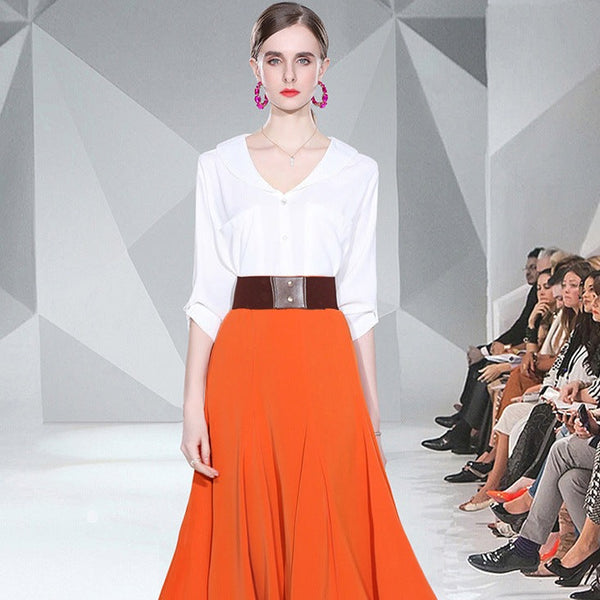 Small Fresh White Shirt and Orange Patchwork Skirt Two-piece Set