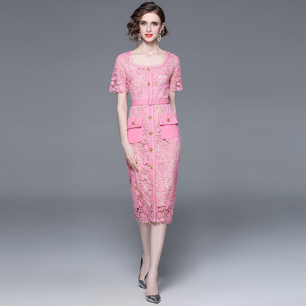 Single Breasted Water Soluble Lace-Up Fanny Pack Hip Mid-Length Dress