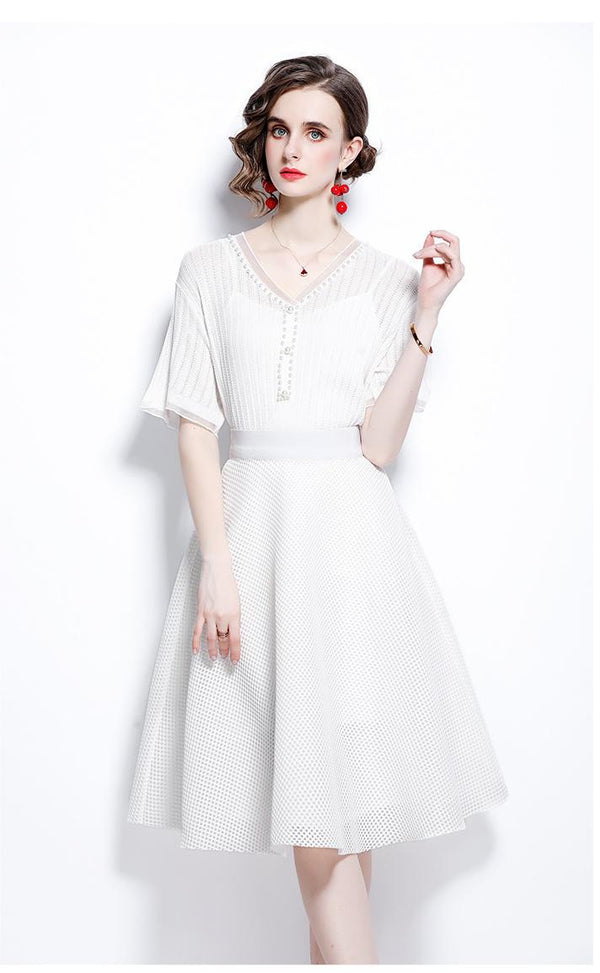 Ice Silk Breathable V-neck Nailed Beaded Knitwear and Hollowed Out Mesh Princess Skirt Two-Piece Set