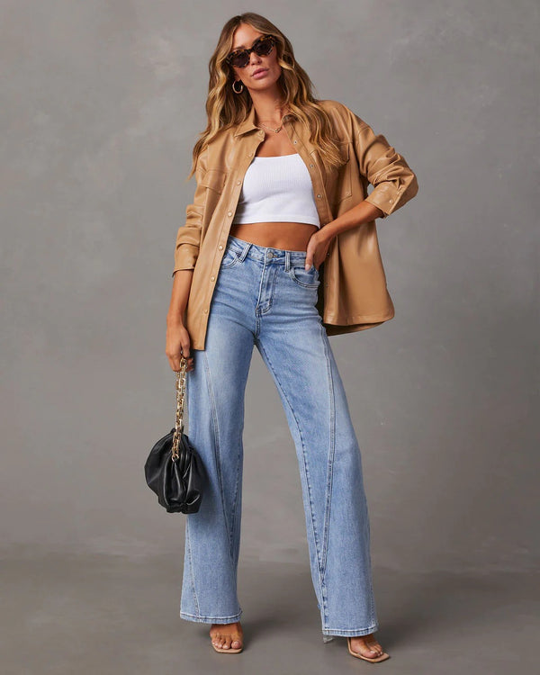 Summer Fashion Casual Low-Waist Patched Wide-Leg Long Denim Pant for Women