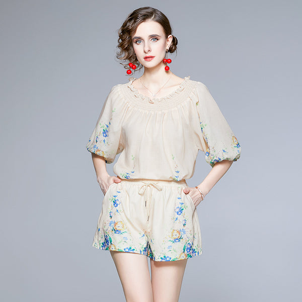 Line Neck See-Through Top and High Waist Shorts Breathable Suit