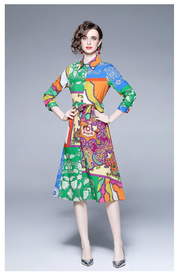 Fashion Temperament Dress Long-Sleeved Vintage Print Belt Tucked Mid-Length Skirt