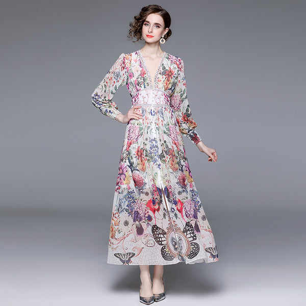 Resort Style V-Neck Vintage Print Long-Sleeved Full-Length Dress With Waist Tucked in
