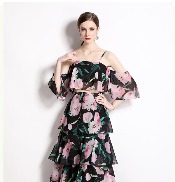 Holiday Snowstorm Spun Printed Halter with a Line Neck Top and Long Skirt Two-Piece Set