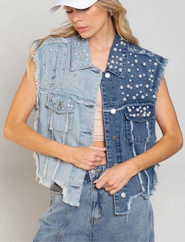 Spring Fashion Casual Versatile Beaded Denim Cardigan Vest Jacket for Women