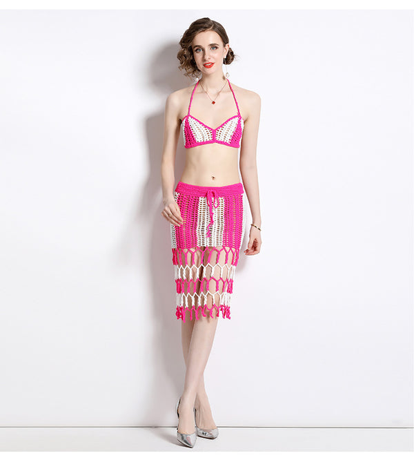New Chest Hanging Neck Vest and Tassel Bag Hip Half Skirt Hollowed Out Two-Piece Summer Suit