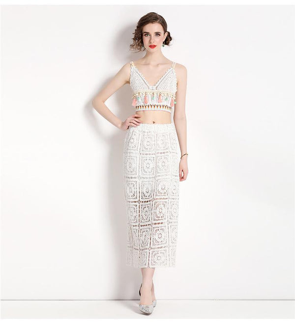 Hook Flower Embroidery Hollowed Out Short Style Suspender Top and Bag Hip Skirt Two-Piece Set