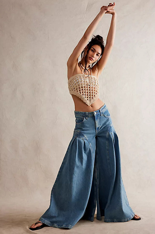 Fashion Casual Vintage-Style Middle-Waist Wide-Leg Denim Pant for Women