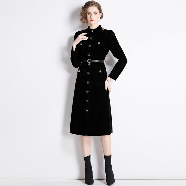 Temperament Retro Long-Sleeved Thickened Velvet Outerwear Dress