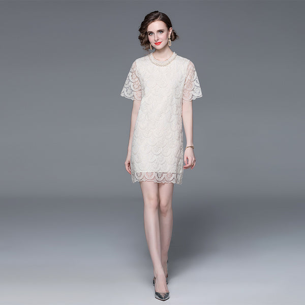 Elegant Lace Studded Beaded Neck Dress