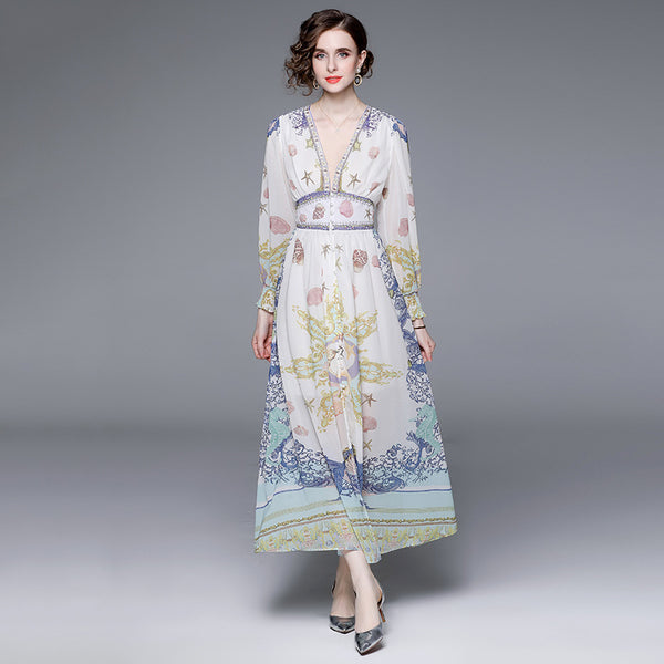 Resort Style V-Neck Vintage Print Long-Sleeved Full-Length Dress with Waist Tucked in