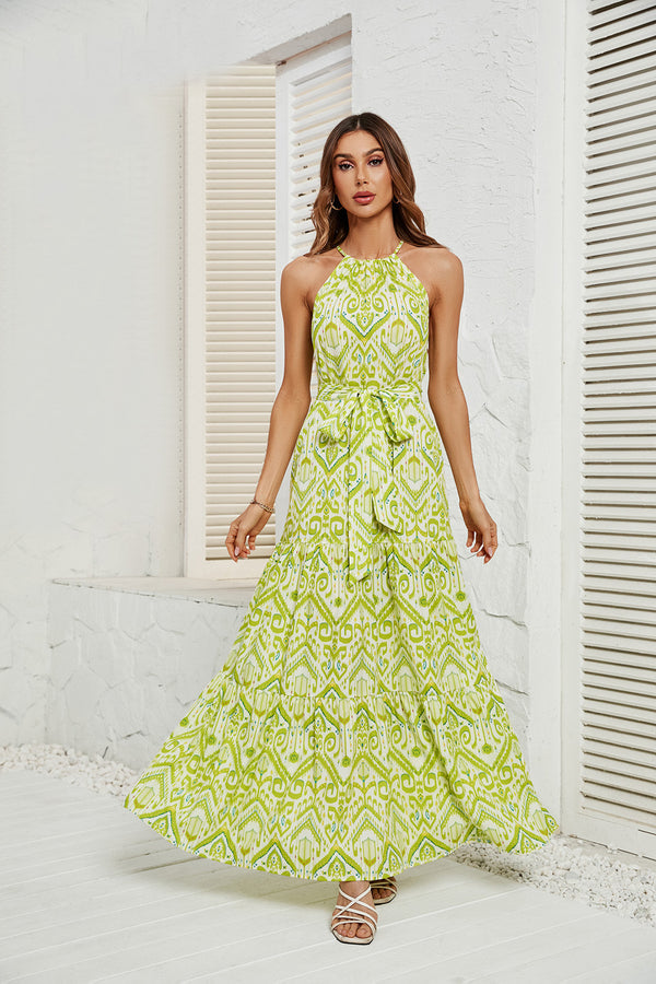 Summer Printed Fresh and Light Style Waist-Tie Halter-Neck Drawstring Dress for Women
