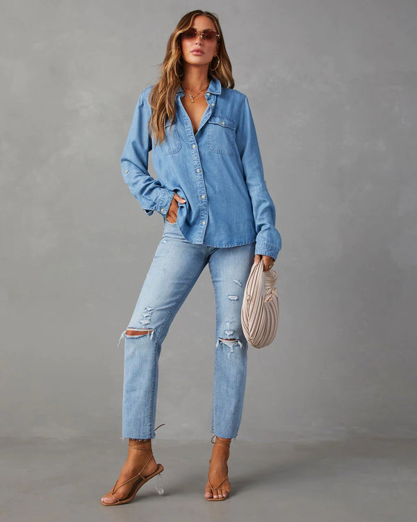 Fashion Casual Versatile Loose Polo-Neck Long Sleeve Denim Blouse for Women