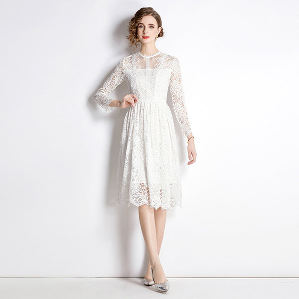 Lace Slim Lace Dress Temperament Show Thin Long Sleeve A-Line MIDI Skirt
