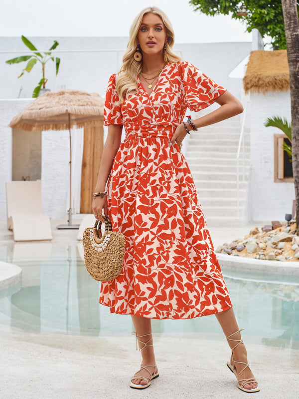 Summer V-Neck Waisted Printed Short Sleeve Dress for Women