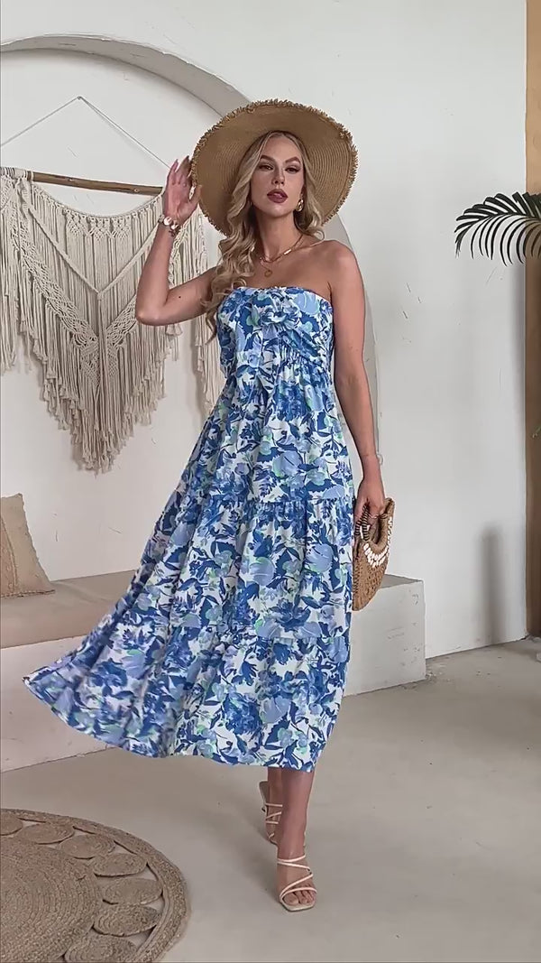 Summer Printed Waisted Loose Holiday-Style Smocked Halter Dress for Women