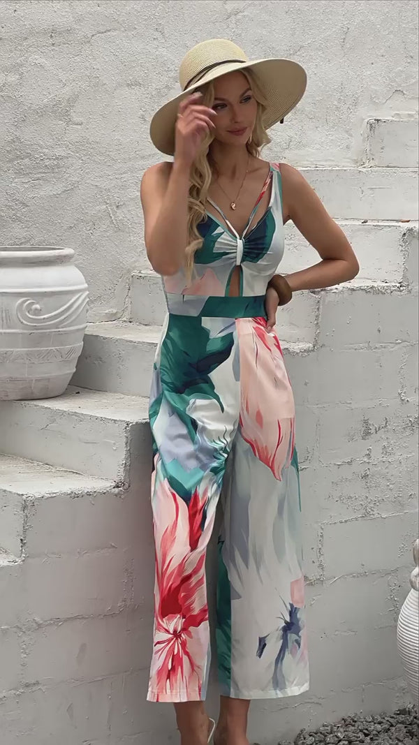 Summer V-Neck Cutout Printed Waisted Holiday-Style Slip Jumpsuit for Women