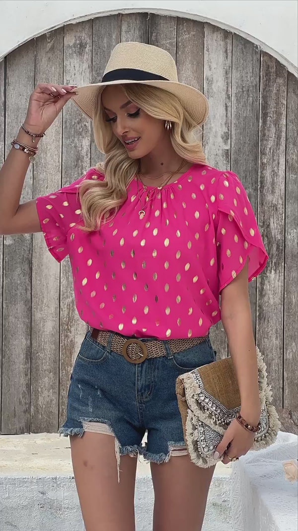 Summer Round-Neck Casual Loose Polka Dots Short Sleeve Top for Women