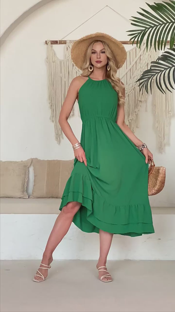 Summer Waisted Layered Holiday-Style Long Halter Dress for Women