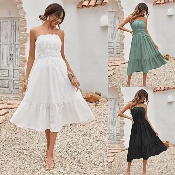 Summer Sweet Casual Waisted Pleated A-Line Strapless Dress for Women