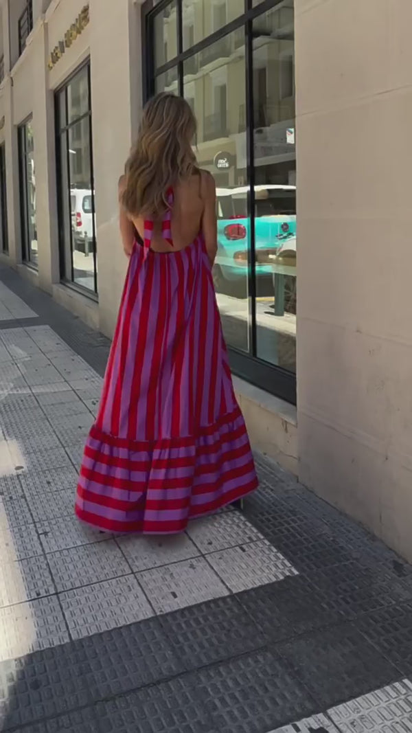 Summer Fashion Casual Striped Open-Back Holiday-Style Halter Dress for Women