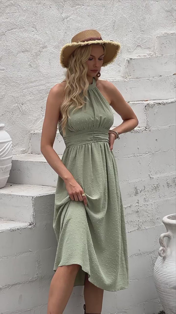 Summer  Casual Pleated Waisted A-Line Long Halter Dress for Women