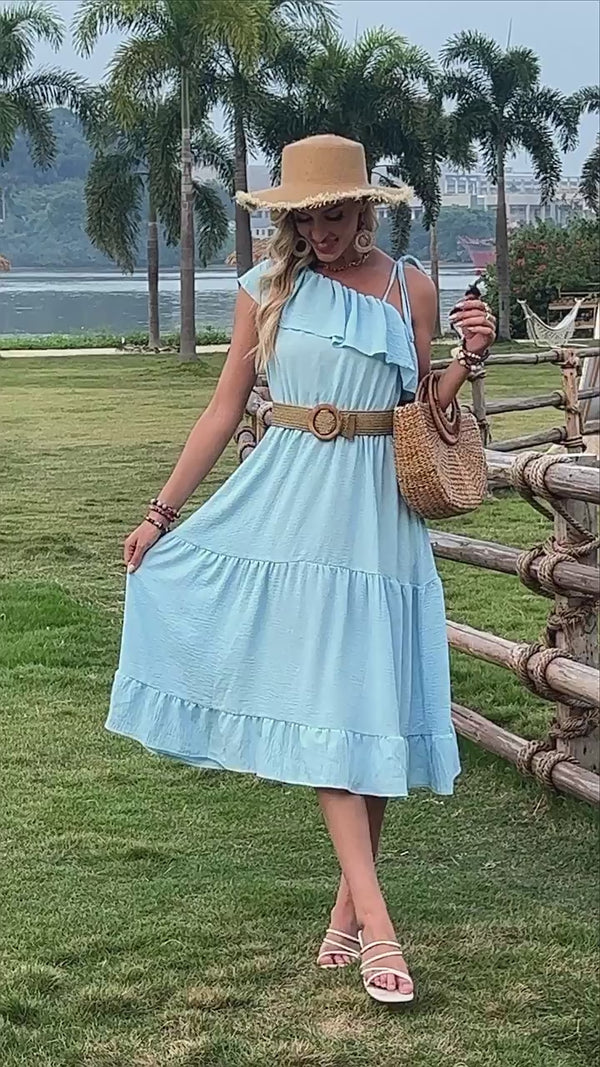 Summer Casual One-Shoulder Waisted Ruffled Pure Colour Dress for Women