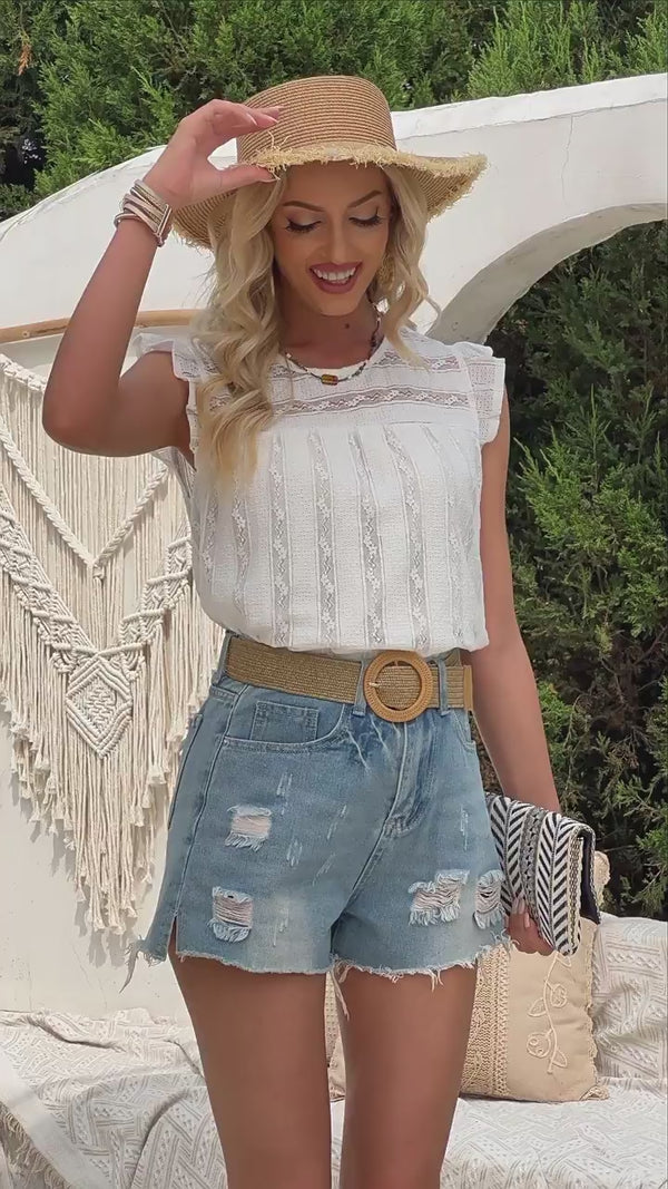 Summer Casual Round-Neck Lace Slim-Fitting Flutter Sleeve Top for Women