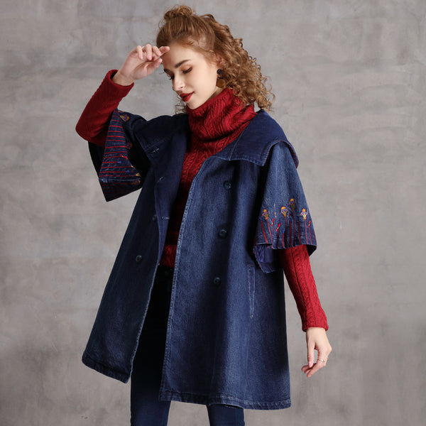 Embroidered Hooded Denim Coat Vintage Loose in a Stylish Doodle
