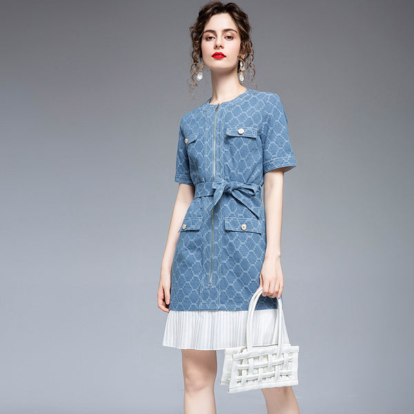 Pleated Lace-Up Waist Slimming Plaid Denim Skirt