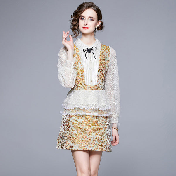French Retro Palace Long-Sleeved Lace Top + A-Line Short Skirt Two-Piece Set