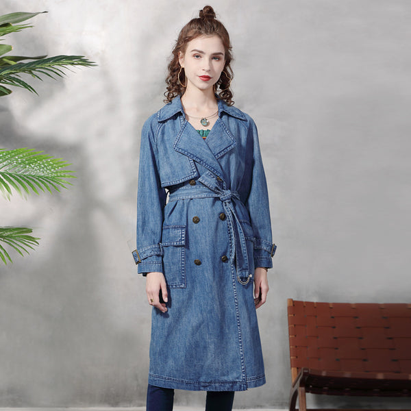 New Large Lapel Long Windbreaker Female Retro Loose Large Size Double-Breasted Denim Coat