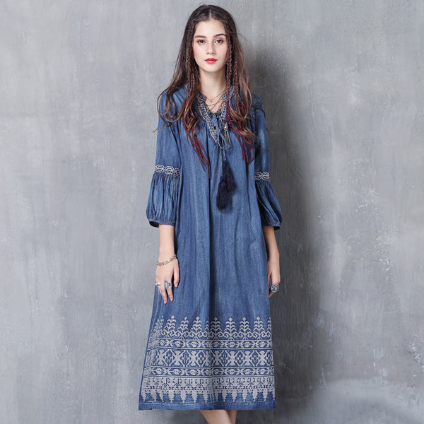 V-Neck Lace-Up Loose A-Line Large Size Temperament Denim Skirt 2023 Spring and Summer Embroidered Mid-Sleeve Vintage Dress