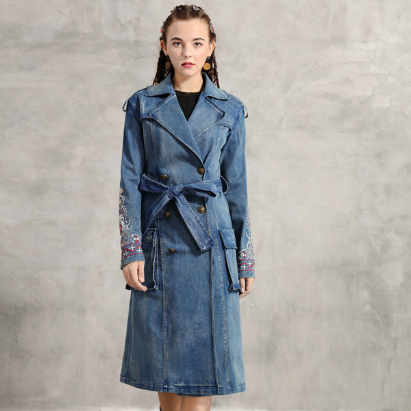 Embroidered Lapel Slim Women's Trench Coat Vintage Lapel Belt Fall Denim Coat