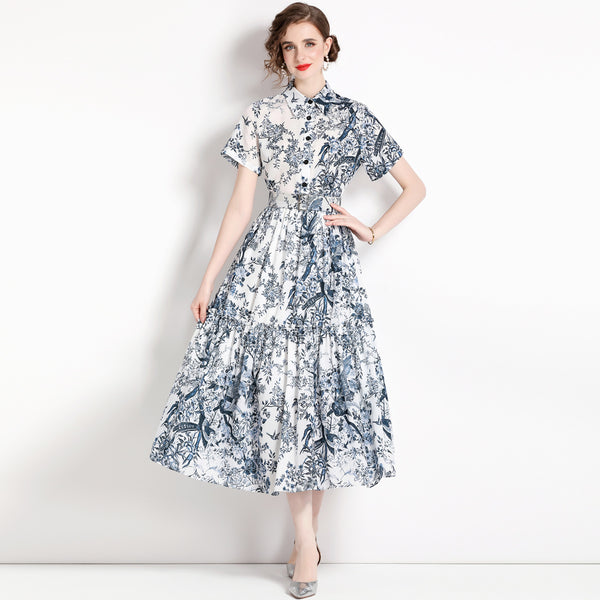 New Women's Slim Mid-Length Printed Short-Sleeved Shirt Dress