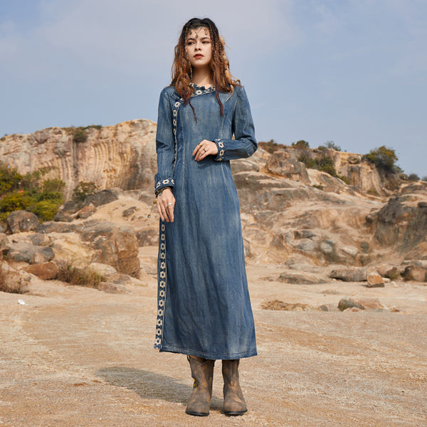 New Vintage Crewneck Denim Skirt Cheongsam Style Dress
