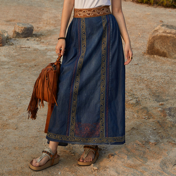 New Heavy Industry Embroidery Denim Long Skirt for Summer