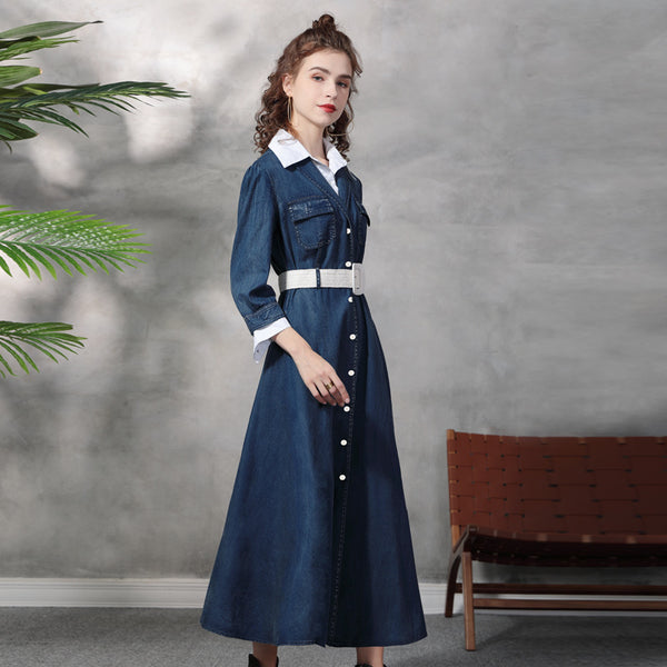 New Suit Neck Denim Dress Retro Temperament Slimming Waist Showing Fake Two Long Dresses