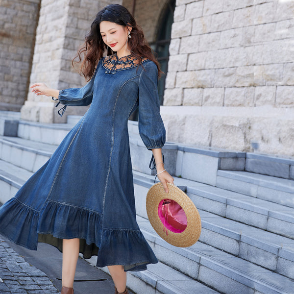 New Fishtail Denim Skirt Embroidery Ethnic Style Handmade Coil Button Dress