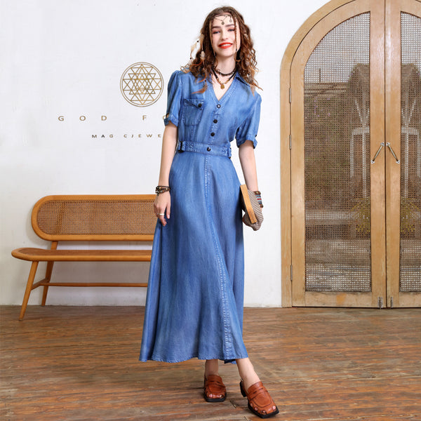 New Retro Waist Slimming Tensilk Jean Maxi French Temperament V-Neck Dress