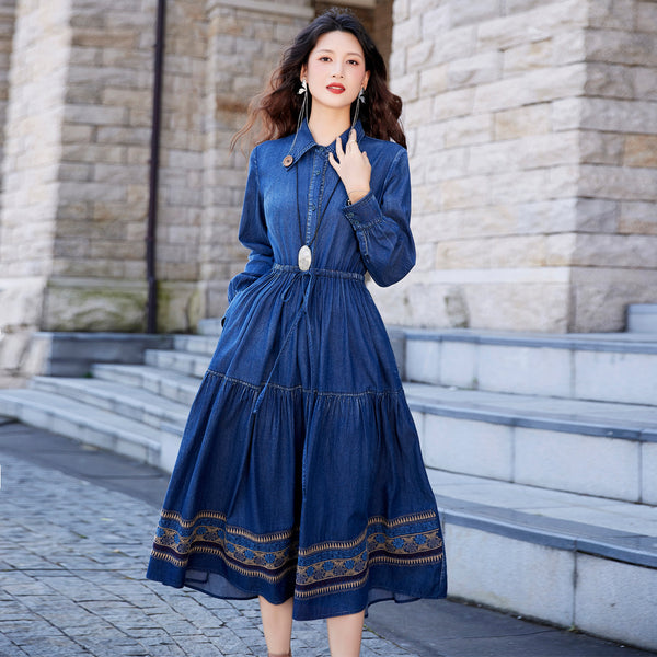 New Vintage Button Drawstring Waist Slimming Dress Heavy Industry Embroidery Denim Skirt
