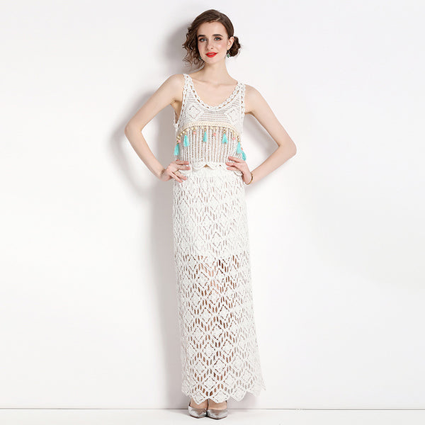 Summer Suspender short style hook flower vest + mid-length skirt two-piece suit
