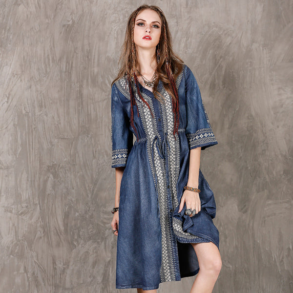 New Large Size Denim Skirt National Style Embroidery Drawstring Casual Dress