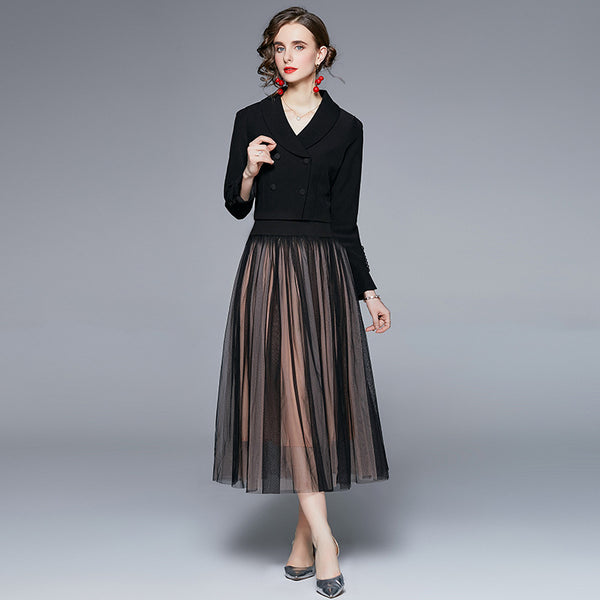Long Sleeve Small Suit and Mesh Gauze Skirt Two-Piece Suit