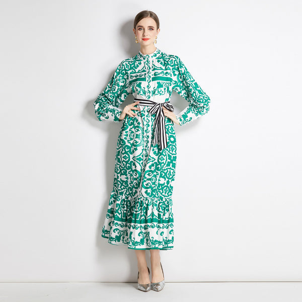 Geometric Print Single Breasted Long Skirt with Small Stand-Up Collar