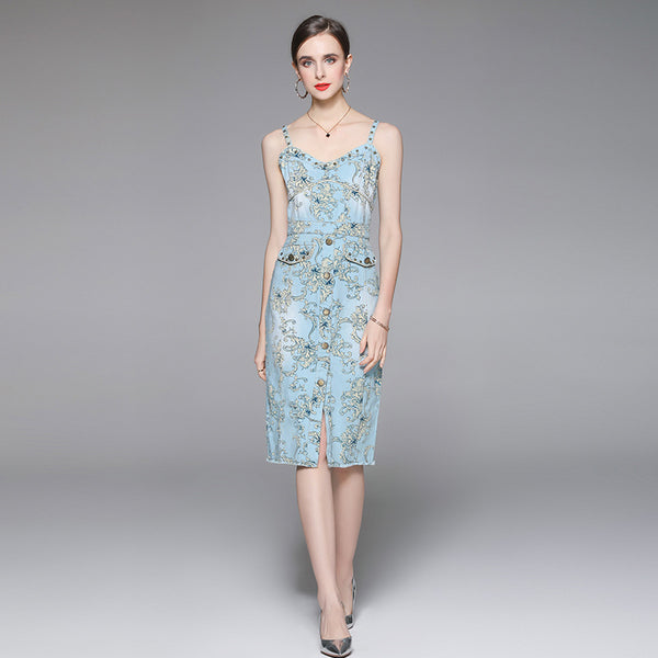 V-Neck Halter Printed Denim Slit Mid-Length Slim Dress
