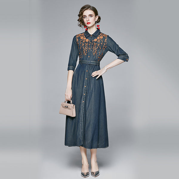 Embroidered Denim Dress